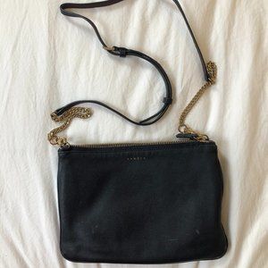 Sandro leather crossbody bag with detachable chain navy and burgundy two-toned.